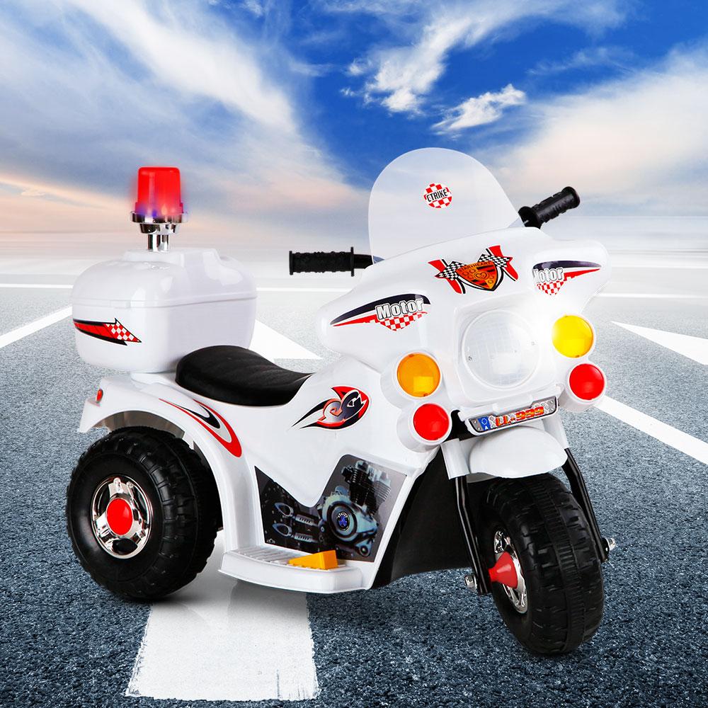 Rigo Kids Ride On Motorbike in white color, featuring anti-slip wheels and flashing lights, designed for children aged 3-8.